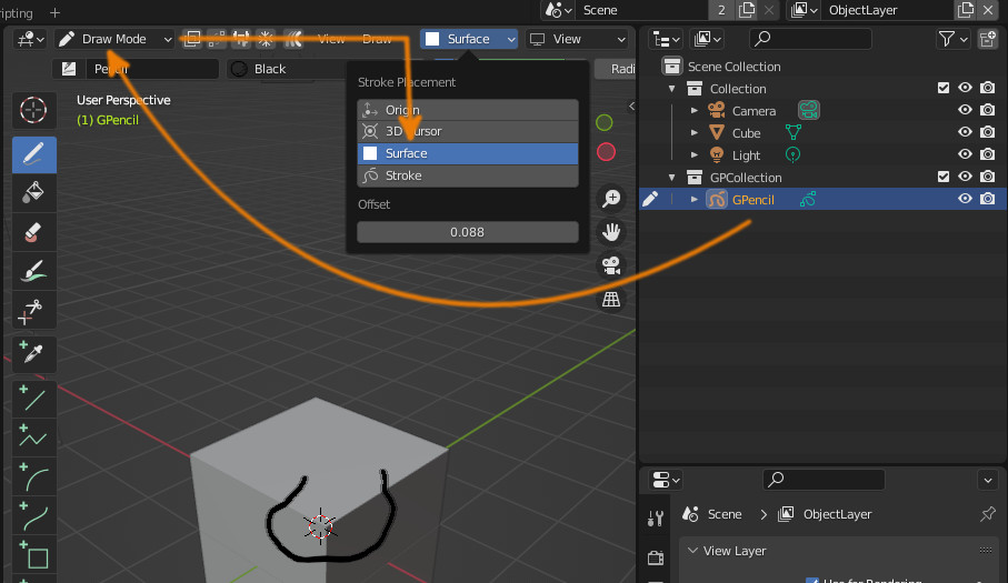 How to draw on an object with Grease Pencil in Blender